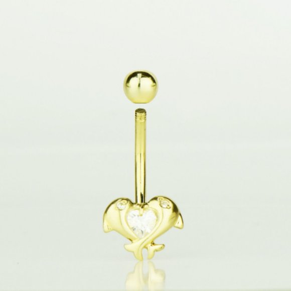 CZ Heart Dolphin Belly Button Ring Piercing for Women's Ladies 14K Solid Gold - Picture 3 of 4